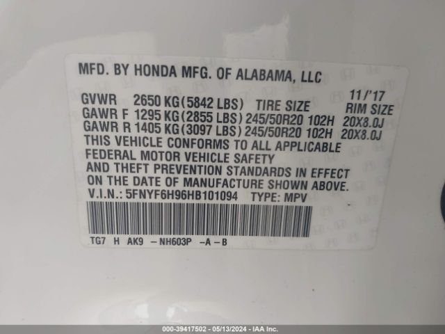 Photo 8 VIN: 5FNYF6H96HB101094 - HONDA PILOT 