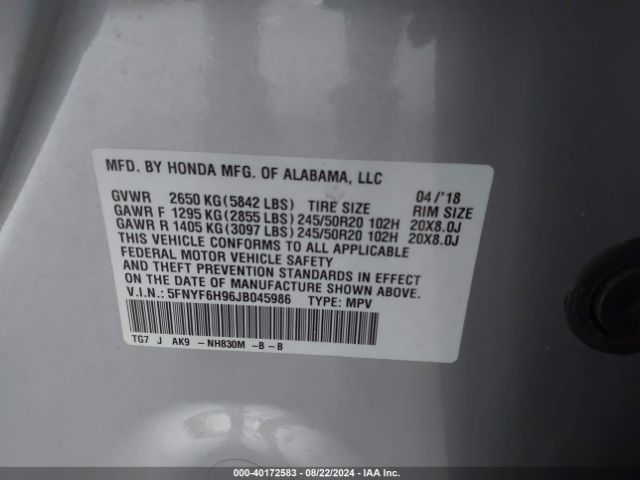 Photo 8 VIN: 5FNYF6H96JB045986 - HONDA PILOT 