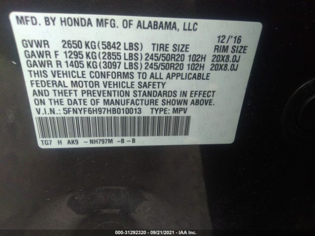 Photo 8 VIN: 5FNYF6H97HB010013 - HONDA PILOT 