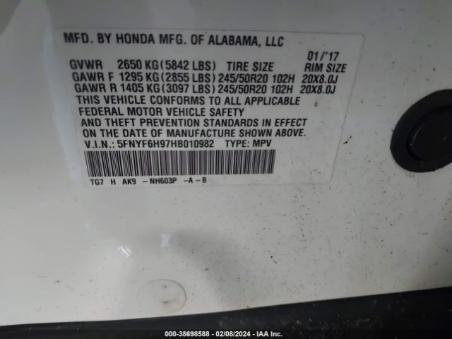 Photo 8 VIN: 5FNYF6H97HB010982 - HONDA PILOT 