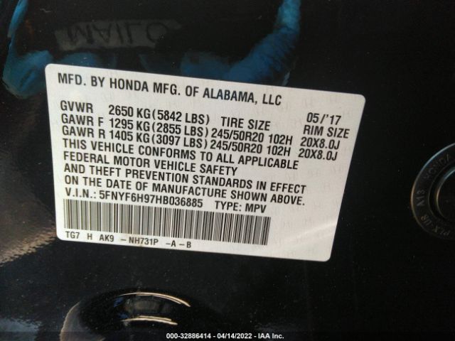 Photo 8 VIN: 5FNYF6H97HB036885 - HONDA PILOT 