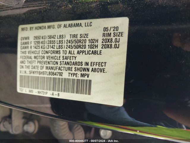 Photo 8 VIN: 5FNYF6H97LB064792 - HONDA PILOT 