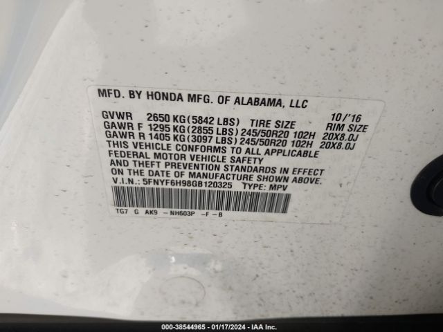 Photo 8 VIN: 5FNYF6H98GB120325 - HONDA PILOT 