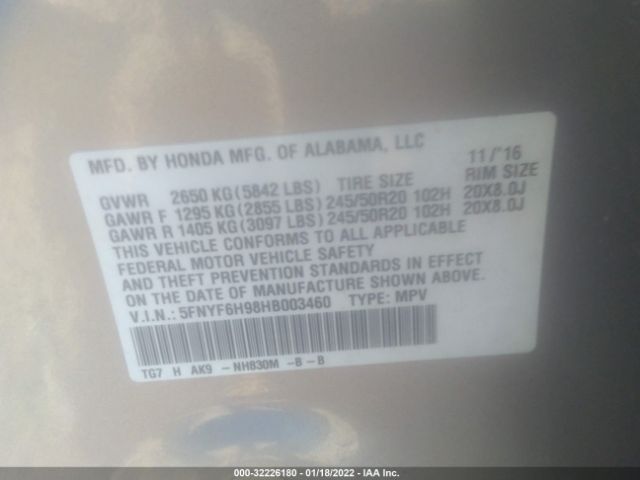 Photo 8 VIN: 5FNYF6H98HB003460 - HONDA PILOT 