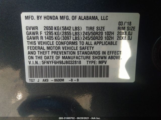 Photo 8 VIN: 5FNYF6H98JB032818 - HONDA PILOT 