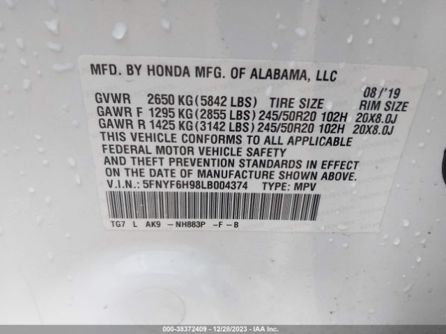 Photo 8 VIN: 5FNYF6H98LB004374 - HONDA PILOT 