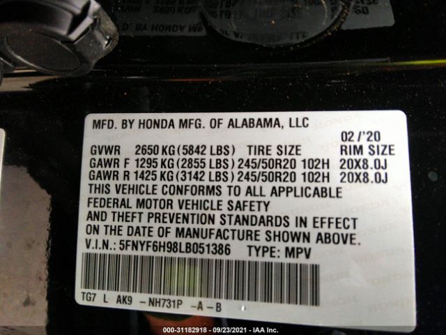 Photo 8 VIN: 5FNYF6H98LB051386 - HONDA PILOT 