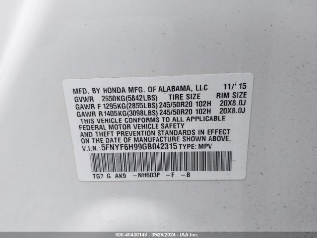 Photo 8 VIN: 5FNYF6H99GB042315 - HONDA PILOT 