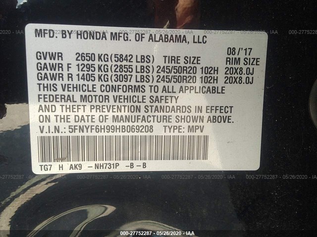 Photo 8 VIN: 5FNYF6H99HB069208 - HONDA PILOT 