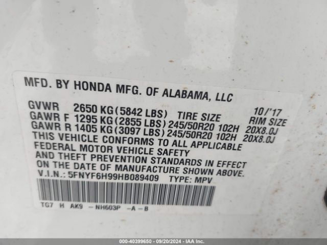 Photo 8 VIN: 5FNYF6H99HB089409 - HONDA PILOT 