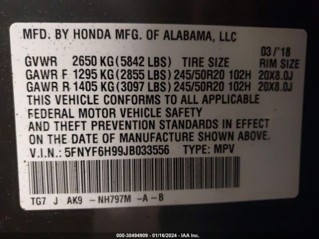 Photo 8 VIN: 5FNYF6H99JB033556 - HONDA PILOT 