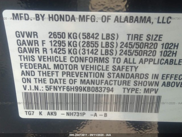 Photo 8 VIN: 5FNYF6H99KB083794 - HONDA PILOT 