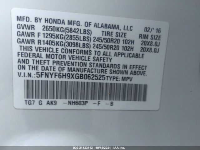 Photo 8 VIN: 5FNYF6H9XGB062525 - HONDA PILOT 