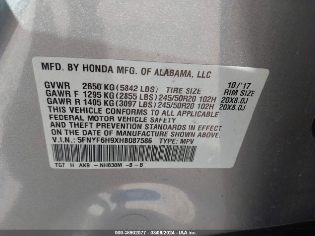 Photo 8 VIN: 5FNYF6H9XHB087586 - HONDA PILOT 