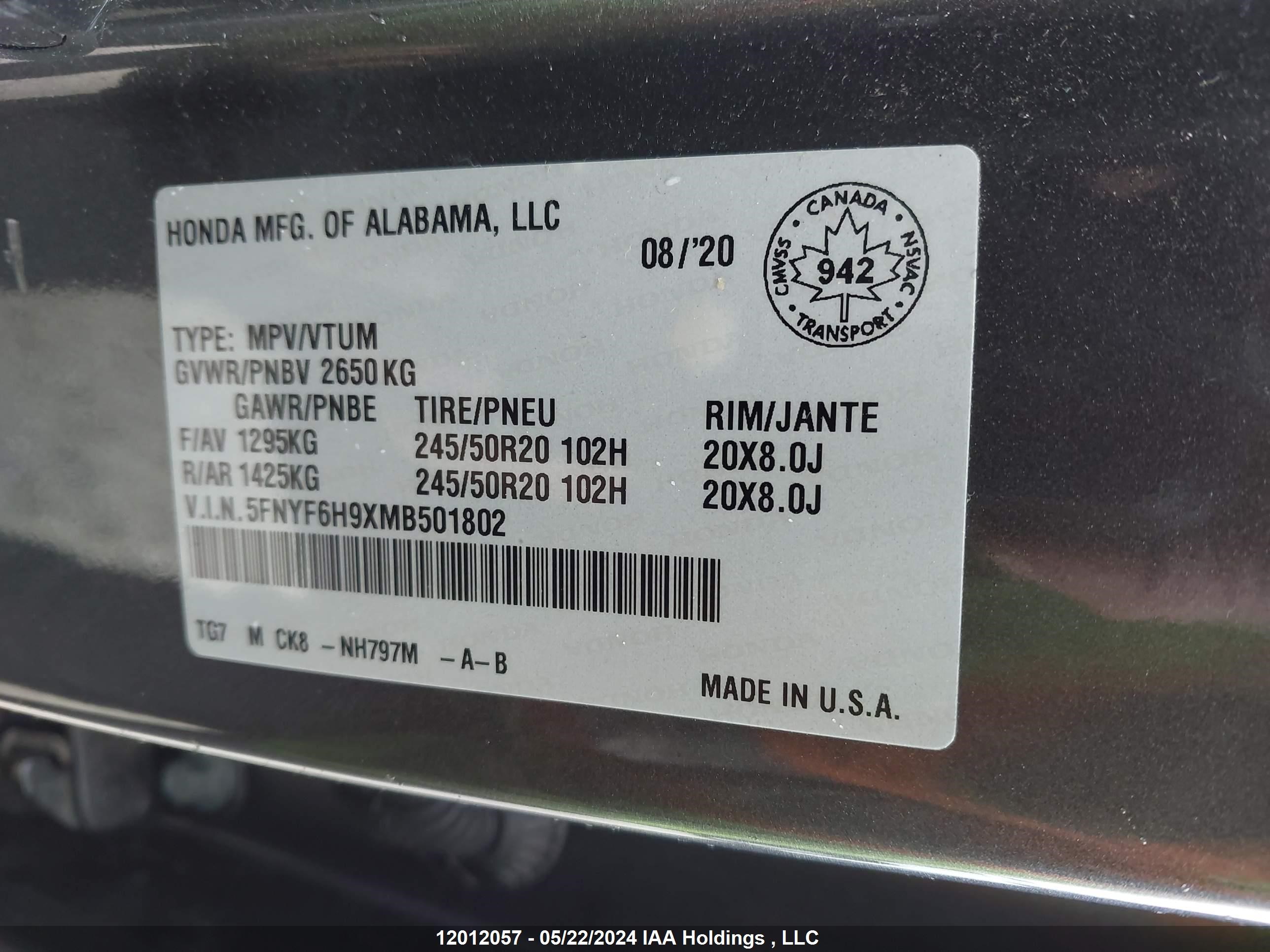 Photo 8 VIN: 5FNYF6H9XMB501802 - HONDA PILOT 