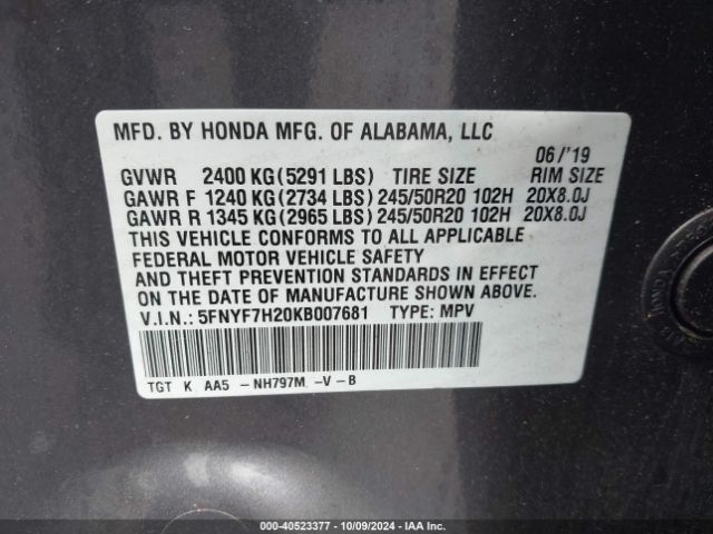 Photo 8 VIN: 5FNYF7H20KB007681 - HONDA PASSPORT 