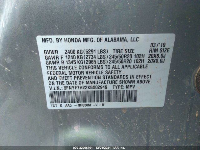 Photo 8 VIN: 5FNYF7H22KB002949 - HONDA PASSPORT 