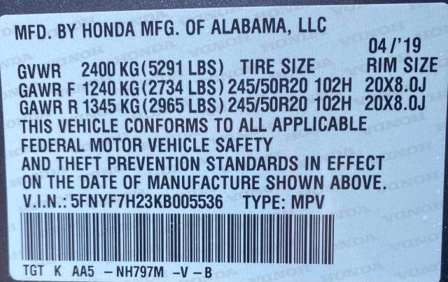 Photo 9 VIN: 5FNYF7H23KB005536 - HONDA PASSPORT S 