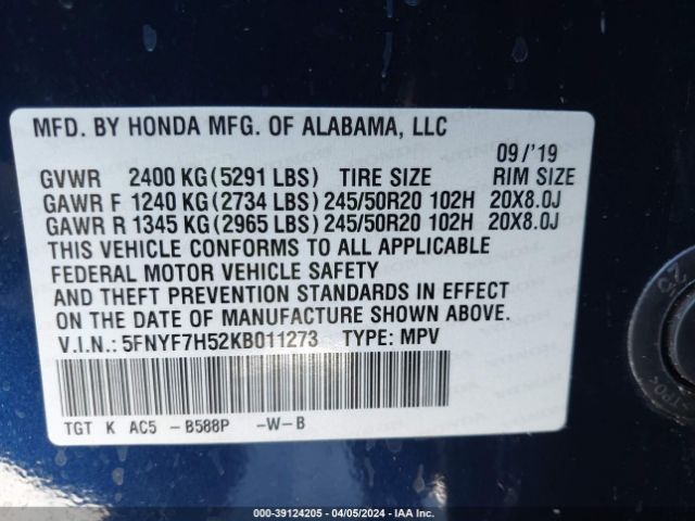 Photo 8 VIN: 5FNYF7H52KB011273 - HONDA PASSPORT 