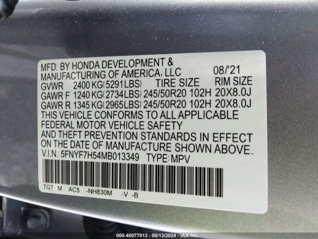 Photo 8 VIN: 5FNYF7H54MB013349 - HONDA PASSPORT 