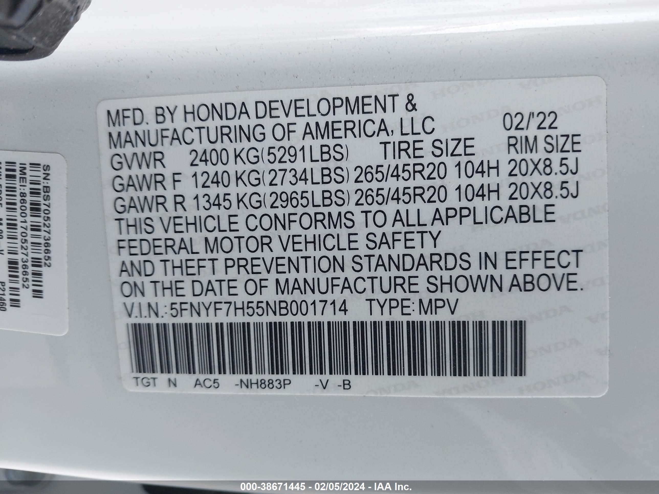 Photo 8 VIN: 5FNYF7H55NB001714 - HONDA PASSPORT 