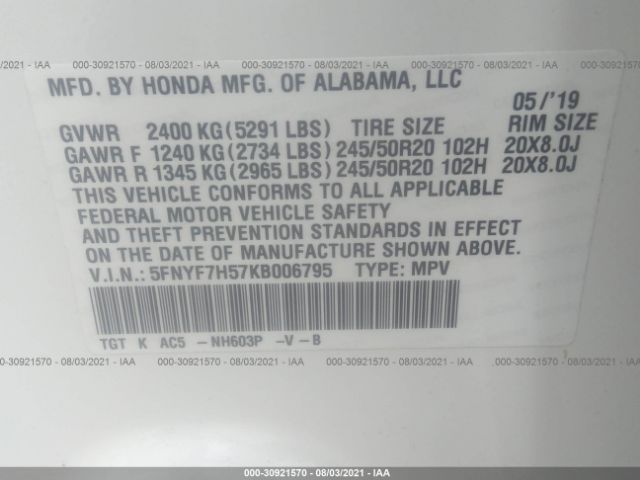 Photo 8 VIN: 5FNYF7H57KB006795 - HONDA PASSPORT 