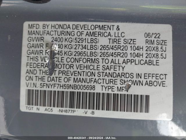 Photo 8 VIN: 5FNYF7H59NB005698 - HONDA PASSPORT 