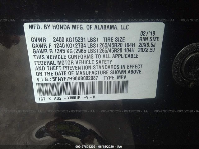 Photo 8 VIN: 5FNYF7H90KB002087 - HONDA PASSPORT 