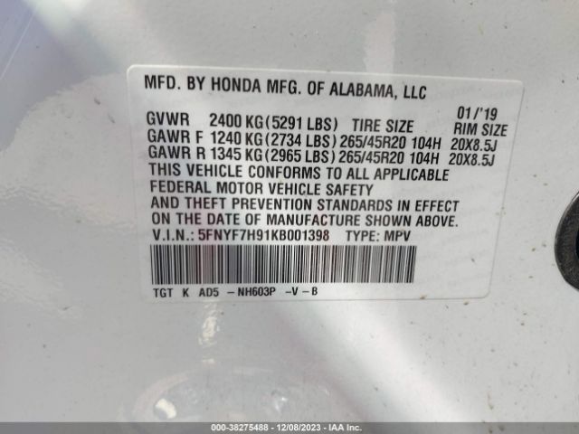 Photo 8 VIN: 5FNYF7H91KB001398 - HONDA PASSPORT 