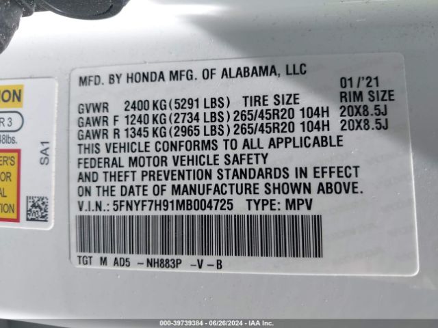 Photo 8 VIN: 5FNYF7H91MB004725 - HONDA PASSPORT 