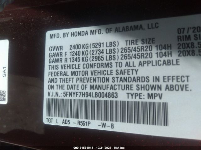 Photo 8 VIN: 5FNYF7H94LB004863 - HONDA PASSPORT 