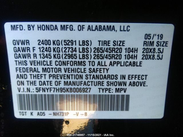 Photo 8 VIN: 5FNYF7H95KB006927 - HONDA PASSPORT 