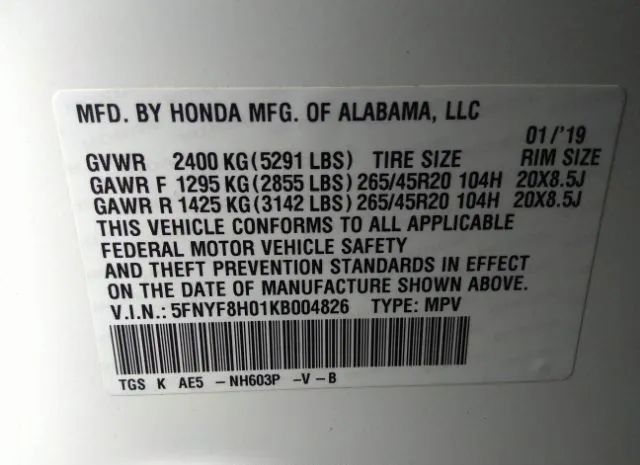 Photo 8 VIN: 5FNYF8H01KB004826 - HONDA PASSPORT 