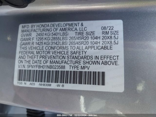 Photo 8 VIN: 5FNYF8H01NB023588 - HONDA PASSPORT 