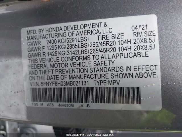 Photo 8 VIN: 5FNYF8H03MB021131 - HONDA PASSPORT 