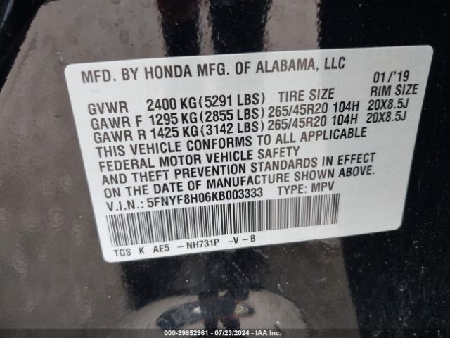 Photo 8 VIN: 5FNYF8H06KB003333 - HONDA PASSPORT 