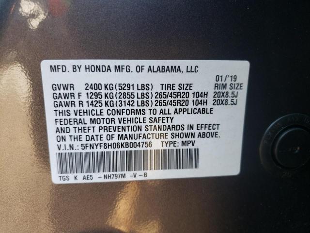 Photo 9 VIN: 5FNYF8H06KB004756 - HONDA PASSPORT E 