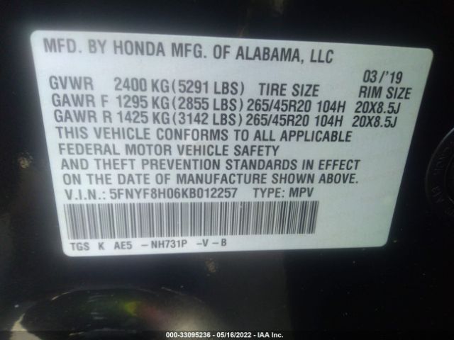 Photo 8 VIN: 5FNYF8H06KB012257 - HONDA PASSPORT 