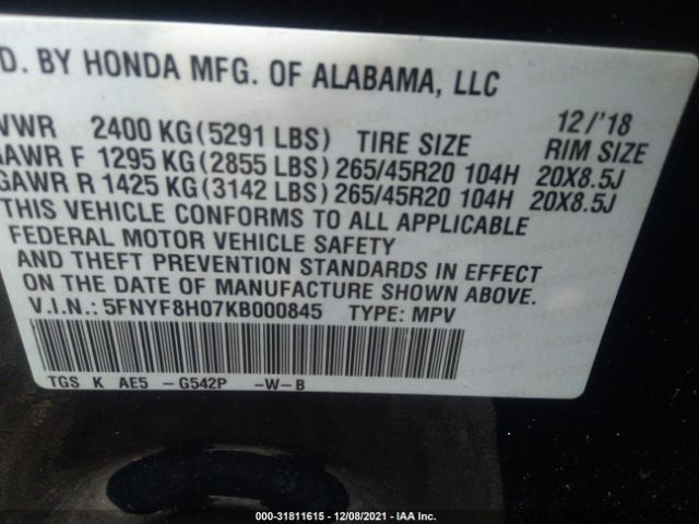 Photo 8 VIN: 5FNYF8H07KB000845 - HONDA PASSPORT 