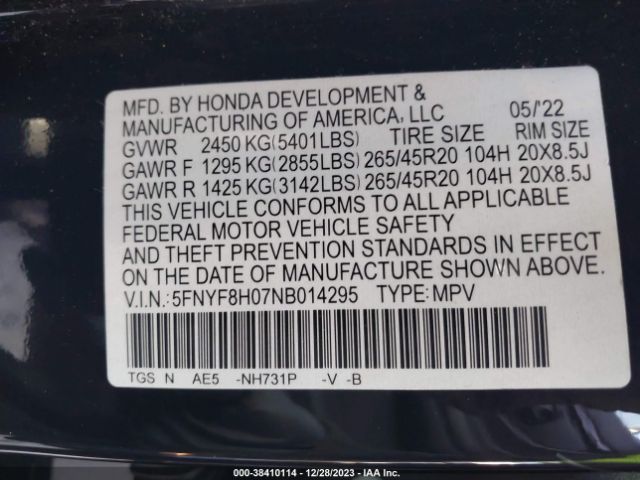 Photo 8 VIN: 5FNYF8H07NB014295 - HONDA PASSPORT 