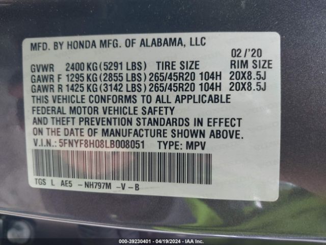 Photo 8 VIN: 5FNYF8H08LB008051 - HONDA PASSPORT 