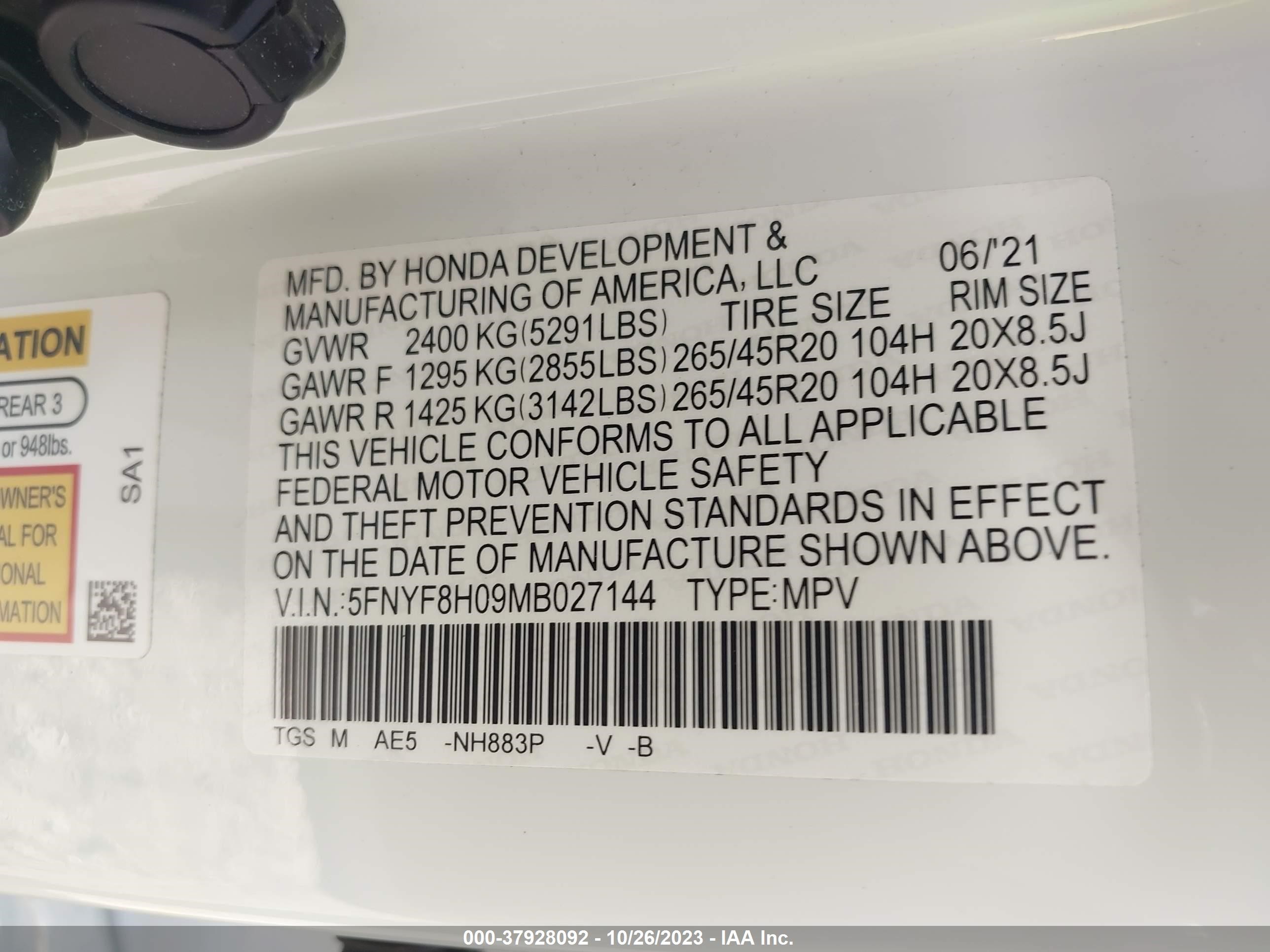 Photo 8 VIN: 5FNYF8H09MB027144 - HONDA PASSPORT 