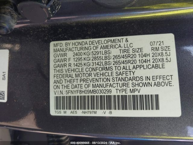 Photo 8 VIN: 5FNYF8H09MB030299 - HONDA PASSPORT 