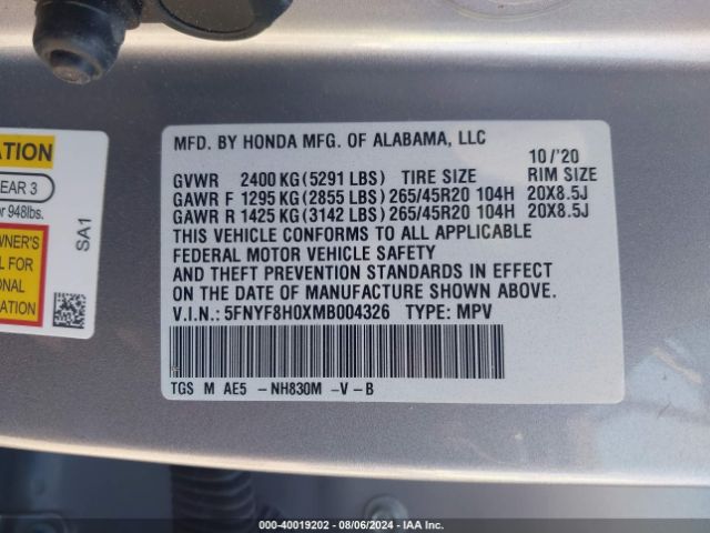 Photo 8 VIN: 5FNYF8H0XMB004326 - HONDA PASSPORT 