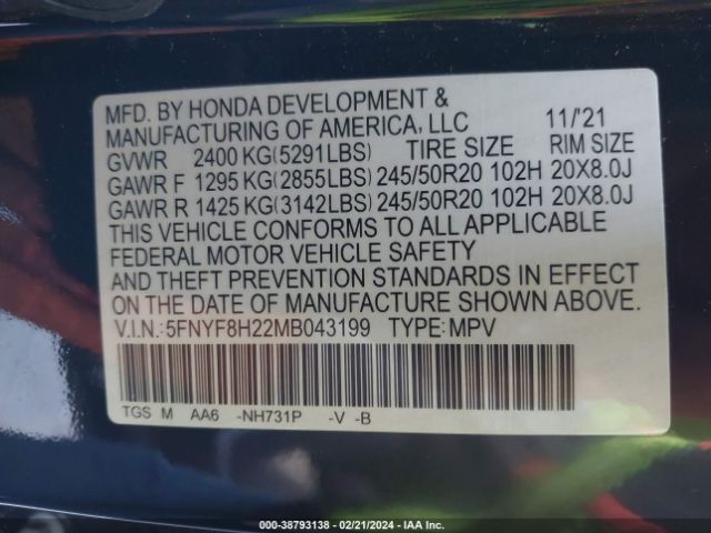 Photo 8 VIN: 5FNYF8H22MB043199 - HONDA PASSPORT 