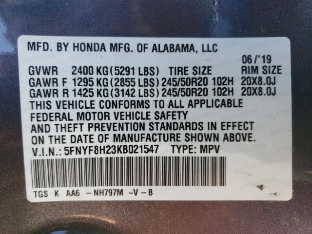 Photo 9 VIN: 5FNYF8H23KB021547 - HONDA PASSPORT S 