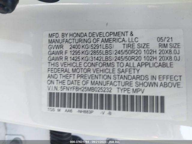 Photo 8 VIN: 5FNYF8H25MB025232 - HONDA PASSPORT 