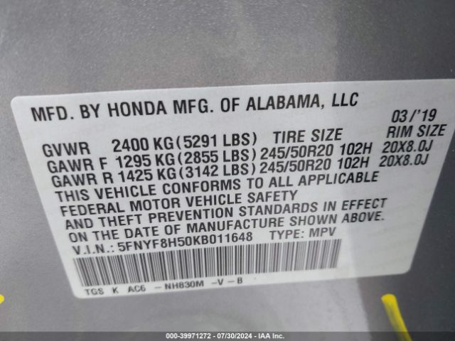 Photo 8 VIN: 5FNYF8H50KB011648 - HONDA PASSPORT 