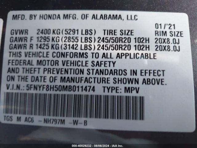 Photo 8 VIN: 5FNYF8H50MB011474 - HONDA PASSPORT 