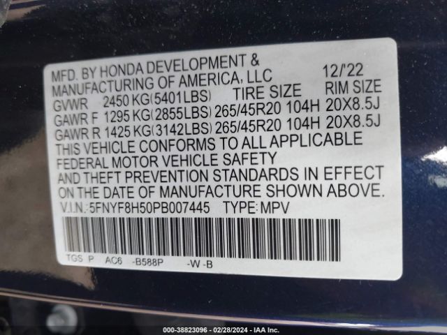 Photo 8 VIN: 5FNYF8H50PB007445 - HONDA PASSPORT 